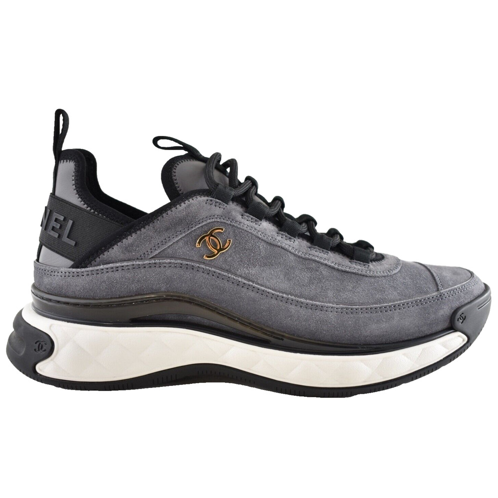 Chanel 23K Grey Suede Black White CC Logo Lace Up Low Top Trainer Sneaker 41.5